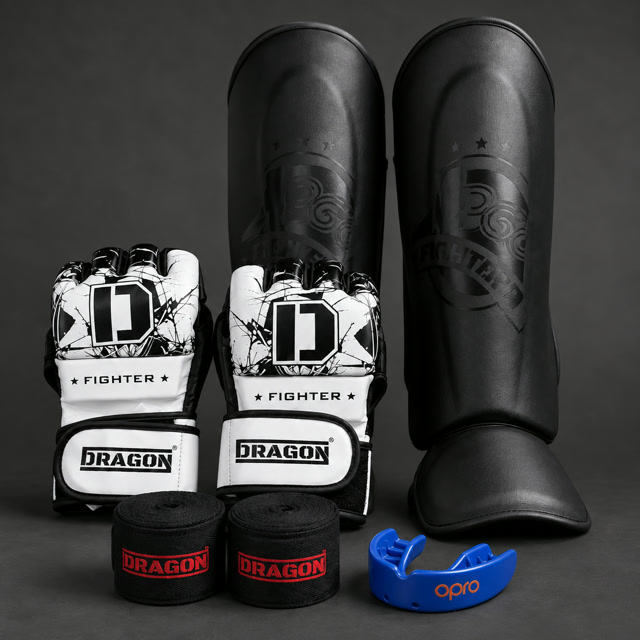 Starterkit MMA mit MMA-Handschuhen, Schienbeinschonern, Bandagen und Mundschutz