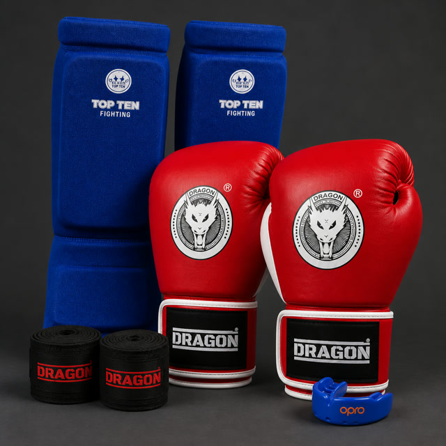Starterkit Muay Thai mit Boxhandschuhen, Schienbeinschonern, Bandagen und Mundschutz