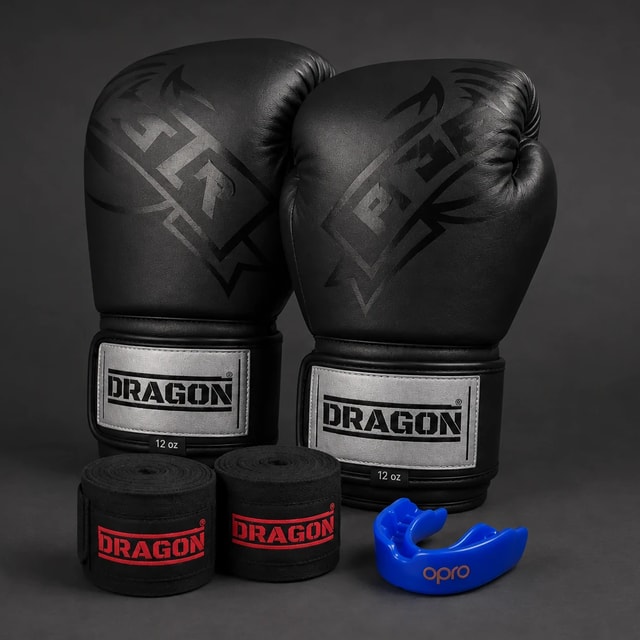 Boxen-Starterkit mit schwarzen Boxhandschuhen, Bandagen und blauem Mundschutz